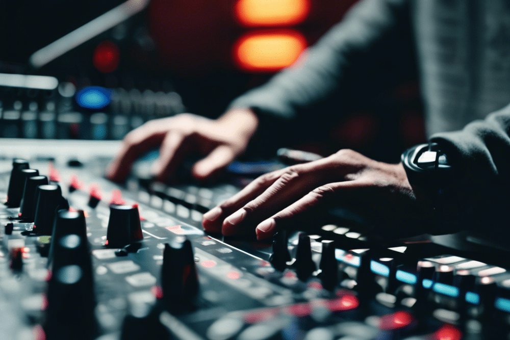 a music producer mixes a track at the mixing desk