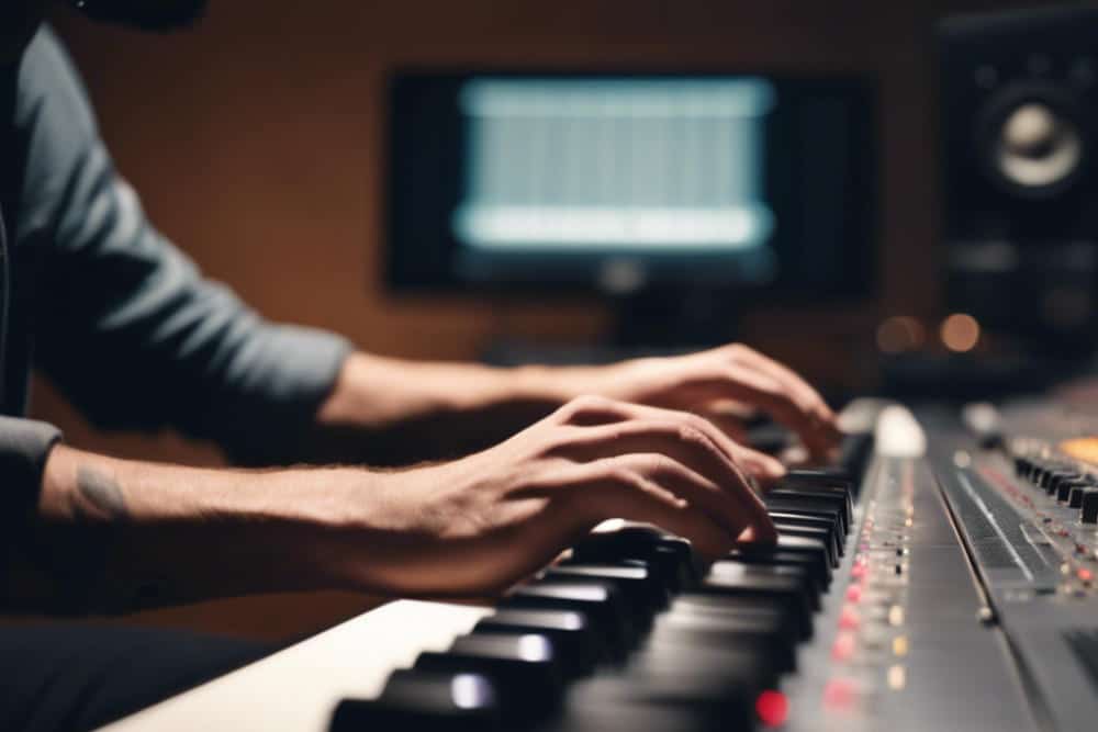 a music producer playing synthesizer in a studio