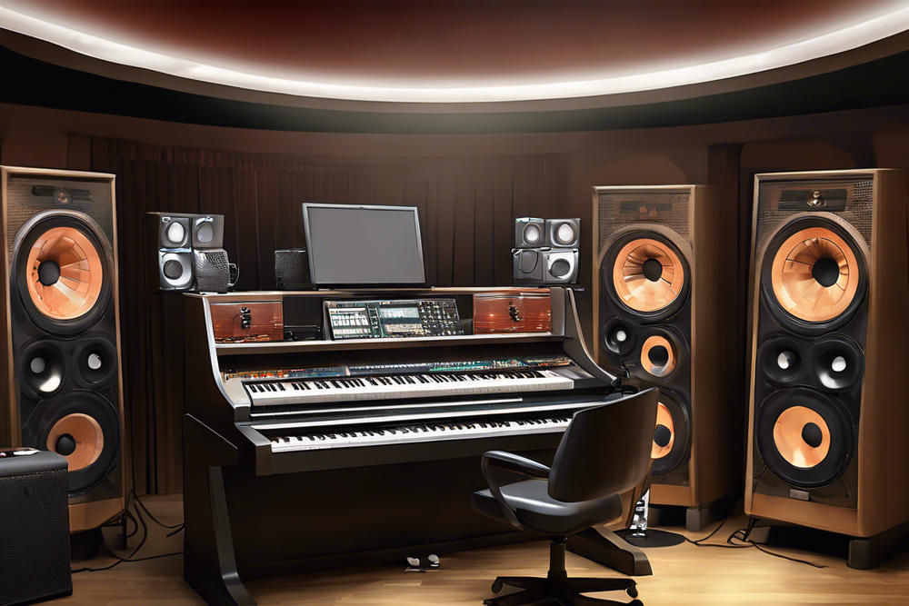 a music studio with large speakers