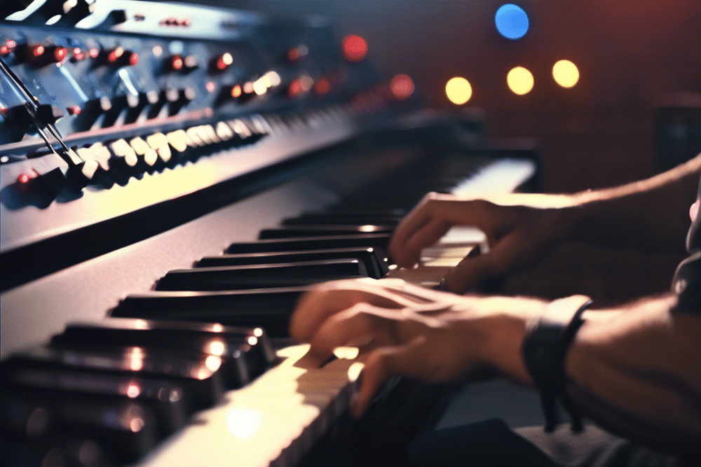 a musician plays a melody on a keyboard in a music studio