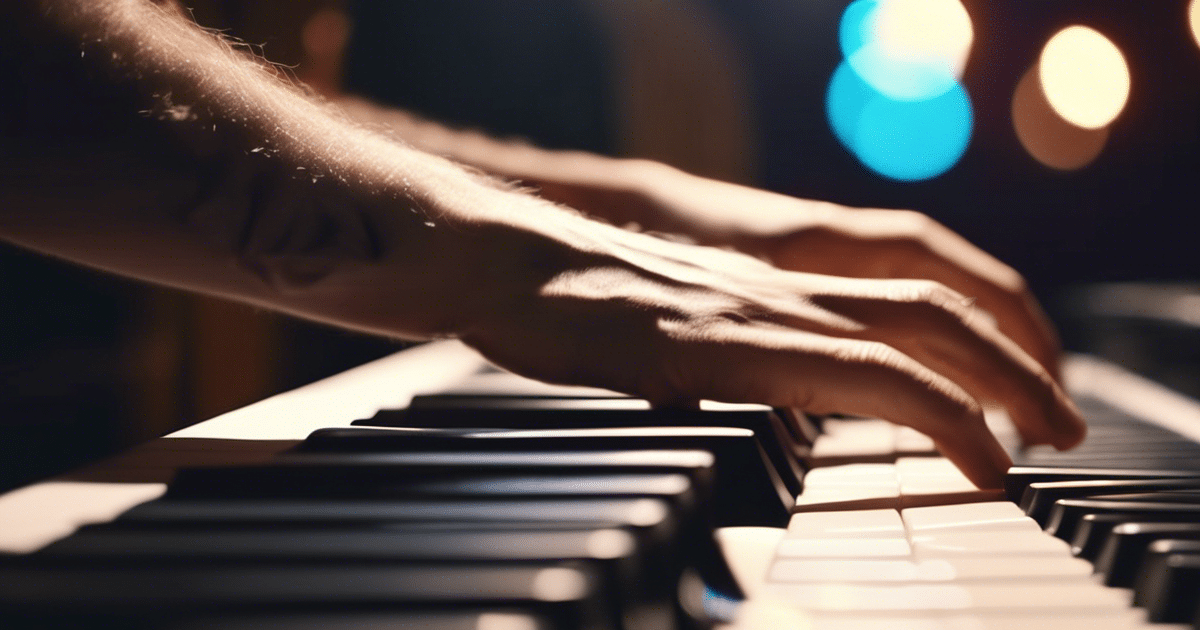 a musician plays chords on a keyboard