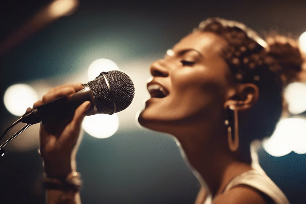 a singer sings into a microphone