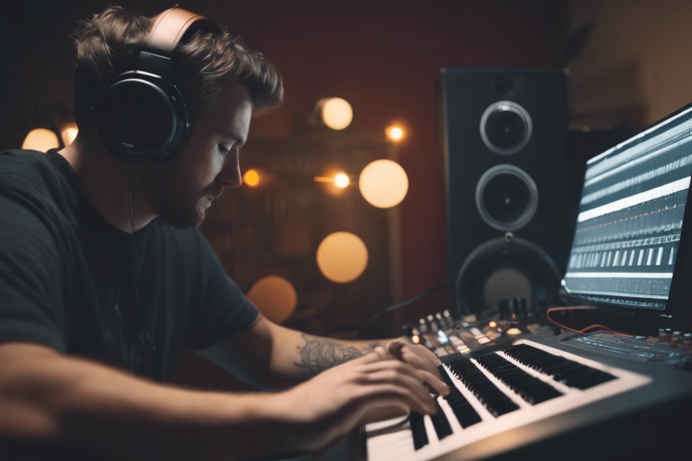 music producer playing melody on keyboard in studio