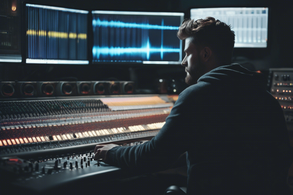 producer sits at the mixing desk in the music studio